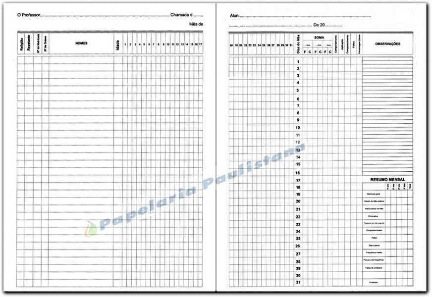 Papelaria Paulistana - Livro Registro de Chamada Escolar 50fls
